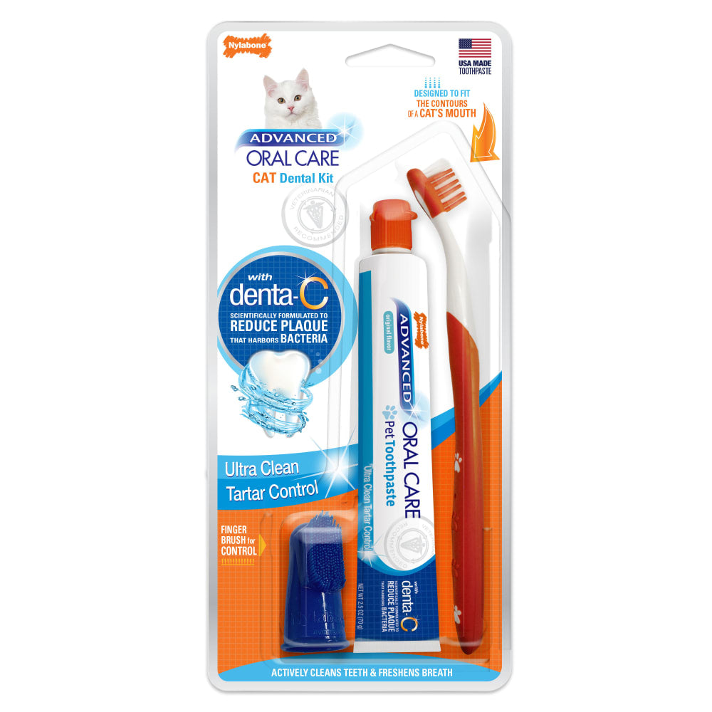 Nylabone Advanced Oral Care cat dental kit with toothbrush finger brush and toothpaste