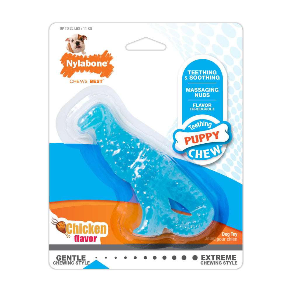 Nylabone puppy teething chew dinosaur T-Rex shape chicken flavour regular size
