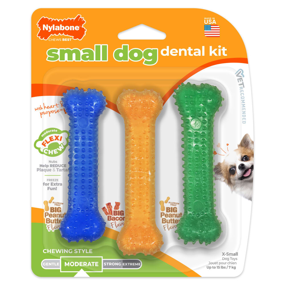 Nylabone FlexiChew Dental peanut butter and bacon petite chew bones 3-pack for small dogs