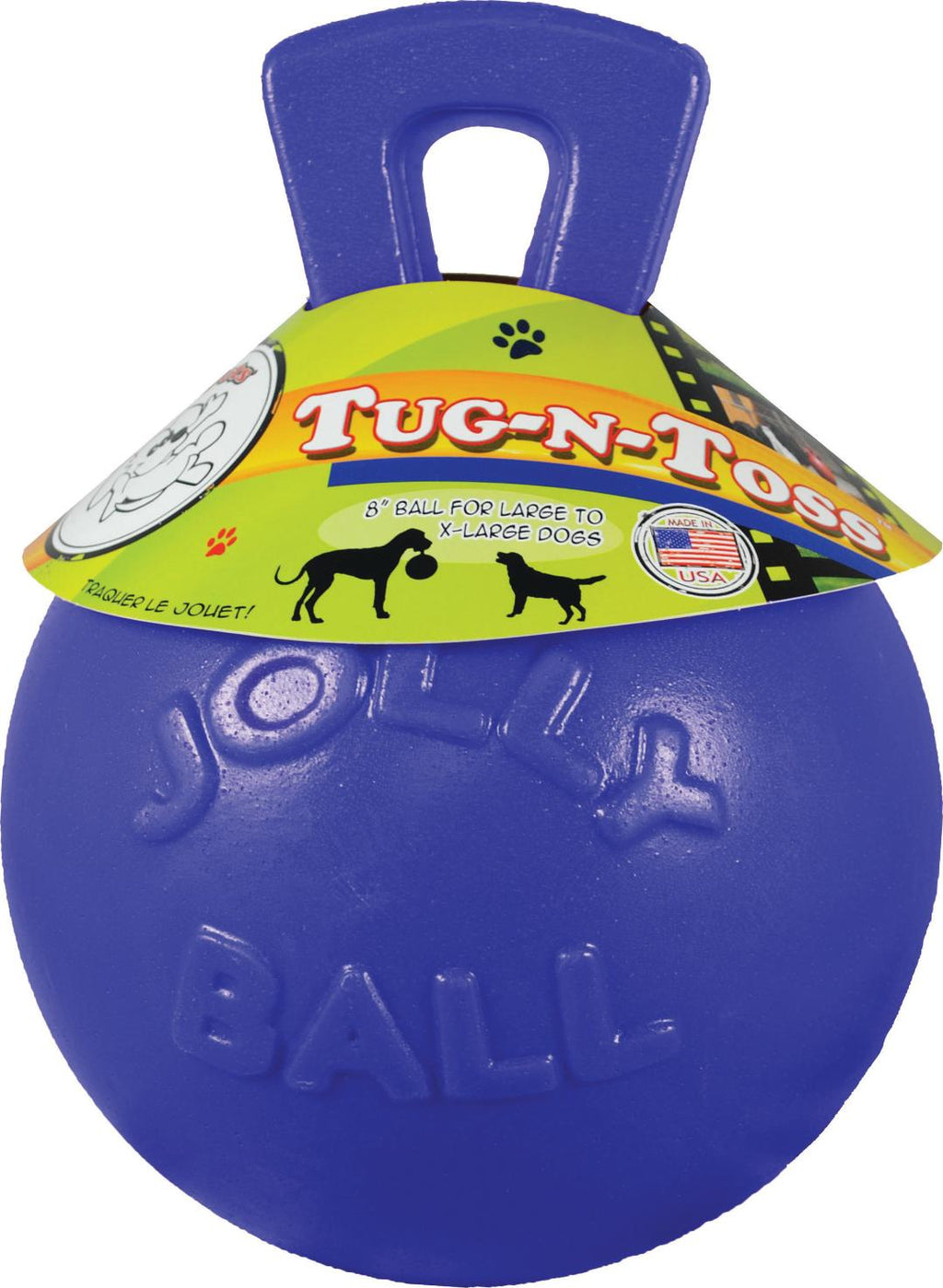 Jolly Pets Tug-N-Toss Ball with handle blue 6 inch dog toy