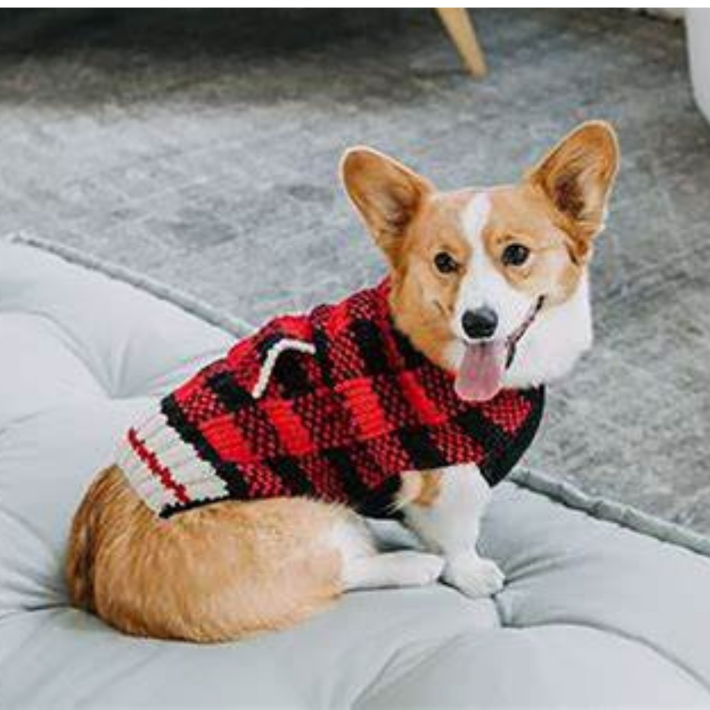 Chilly Dog Buffalo Plaid Dog Sweater red black hand knit wool large