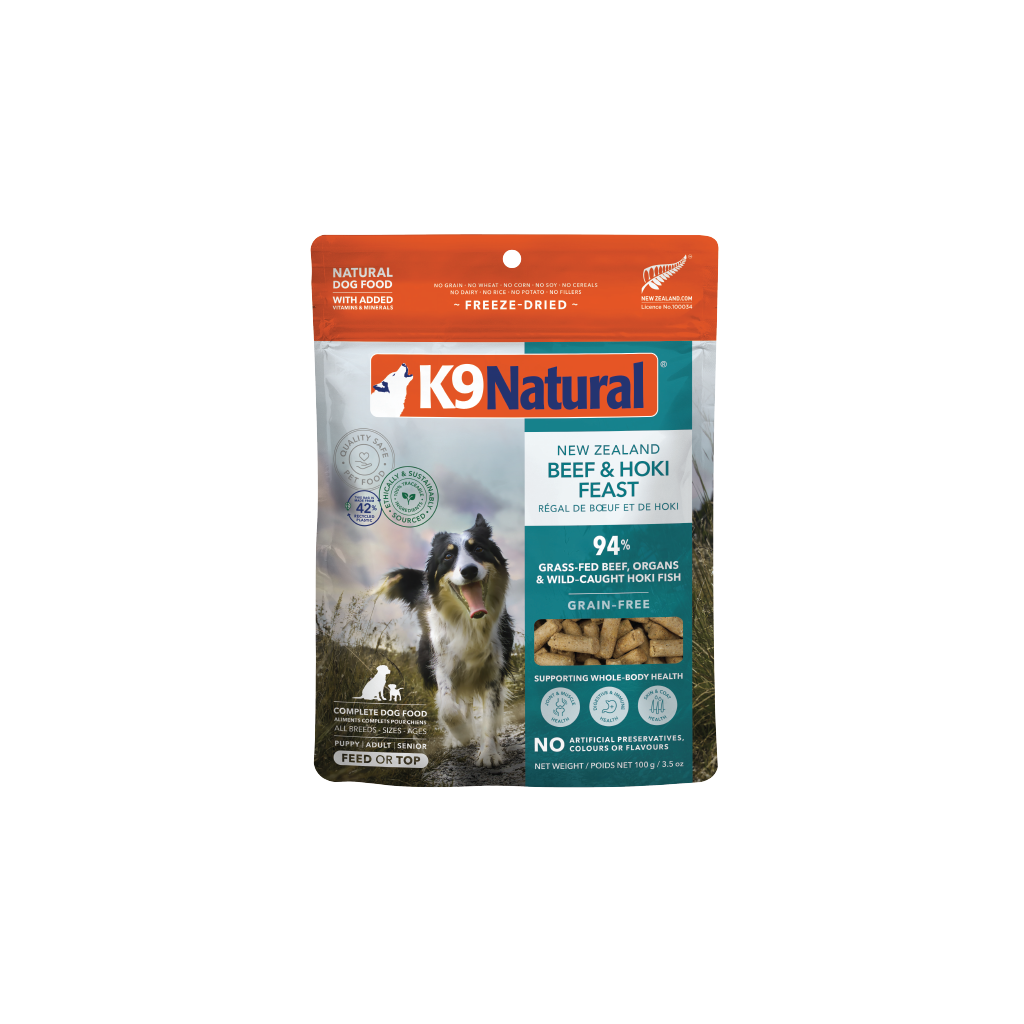 K9 Natural Freeze-Dried Beef and Hoki Feast dog food 3.5 oz bag