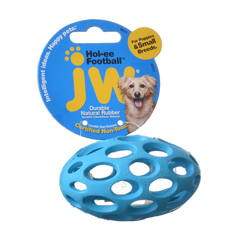 JW Hol-ee Football mini dog toy, open lattice natural rubber treat ball