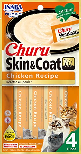 Inaba Churu Skin and Coat Chicken lickable puree cat treats 4-pack carton 6x2oz