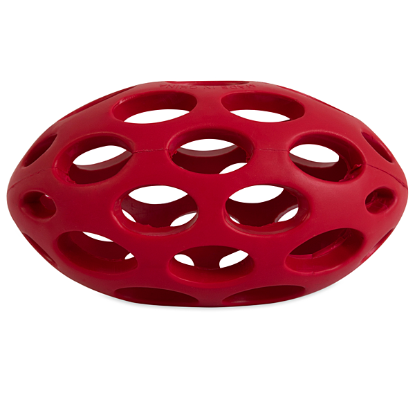 JW Hol-ee Football small dog toy, open lattice natural rubber squeaky treat ball