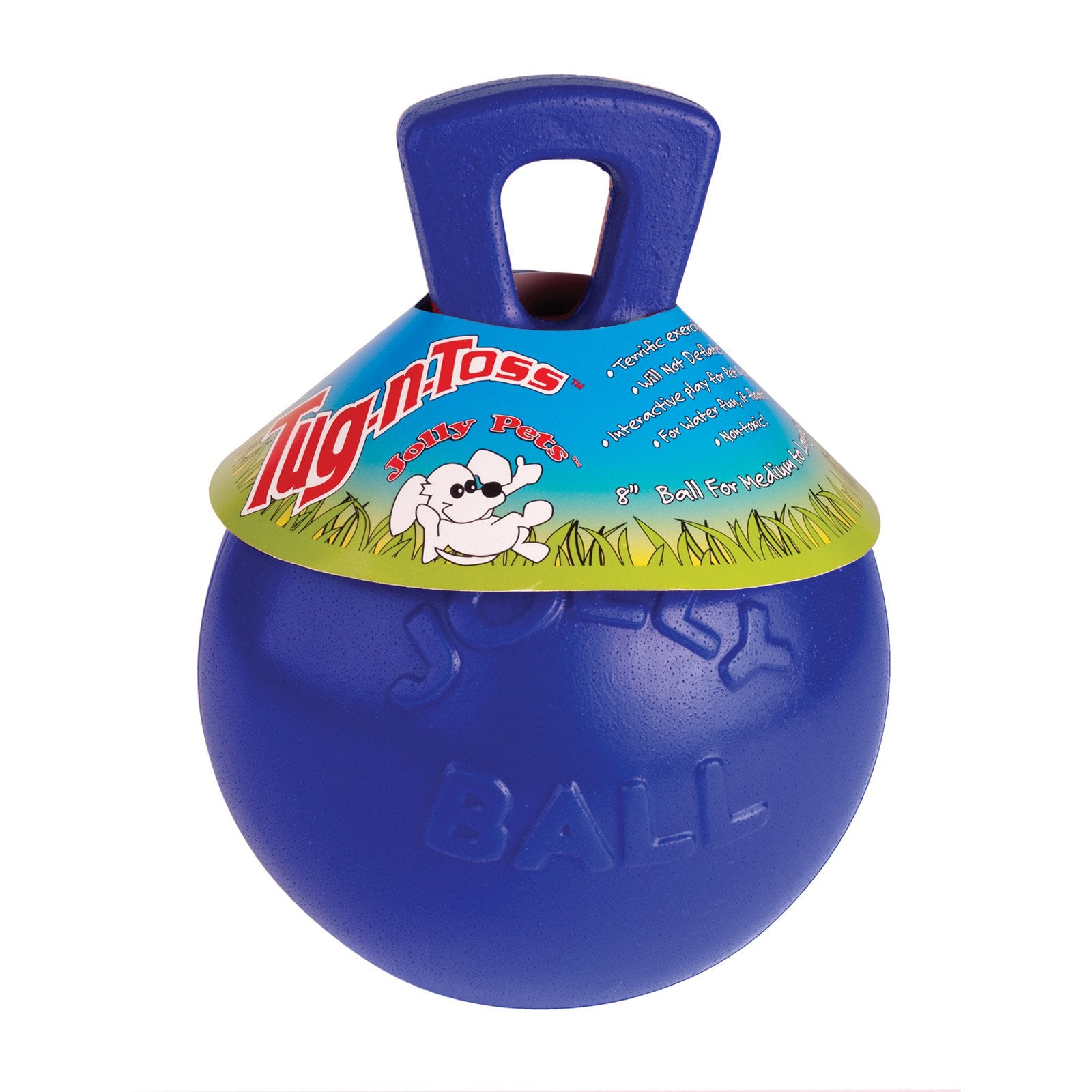 Jolly Pets Tug-N-Toss Ball with handle blue 8 inch dog toy