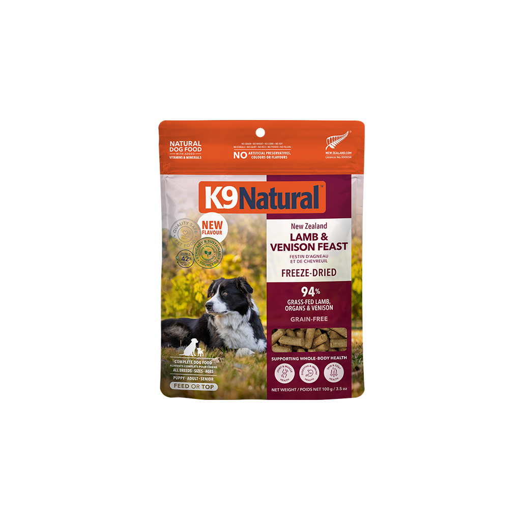 K9 Natural Freeze-Dried Lamb and Venison Feast dog food 3.5 oz bag
