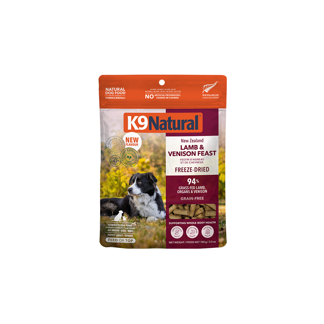 K9 Natural Freeze-Dried Lamb and Venison Feast dog food 3.5 oz bag