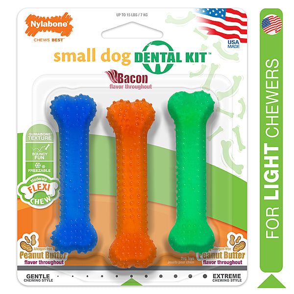Nylabone FlexiChew Dental Bone — Peanut Butter & Bacon Petite 3-Pack