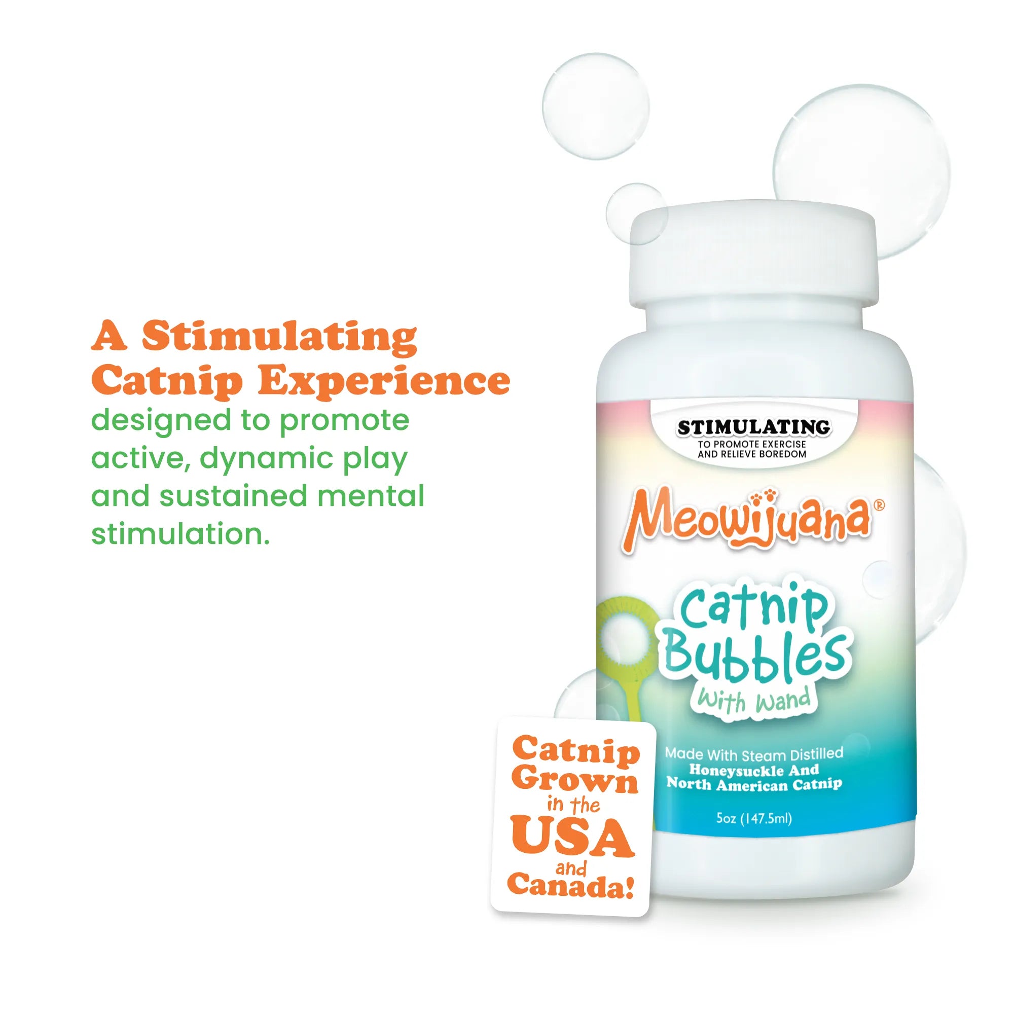 Meowijuana Catnip and Honeysuckle Bubbles 5 oz bottle with built-in wand