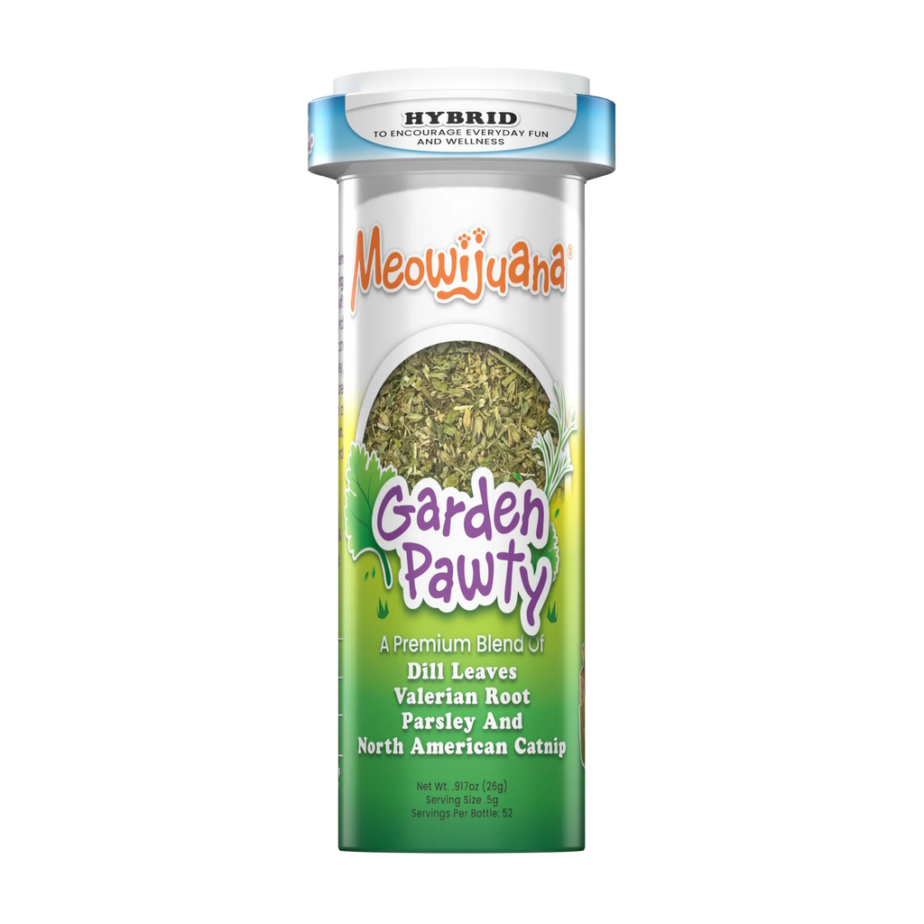 Meowijuana Catnip Garden Pawty organic catnip blend with valerian root, dill, and parsley
