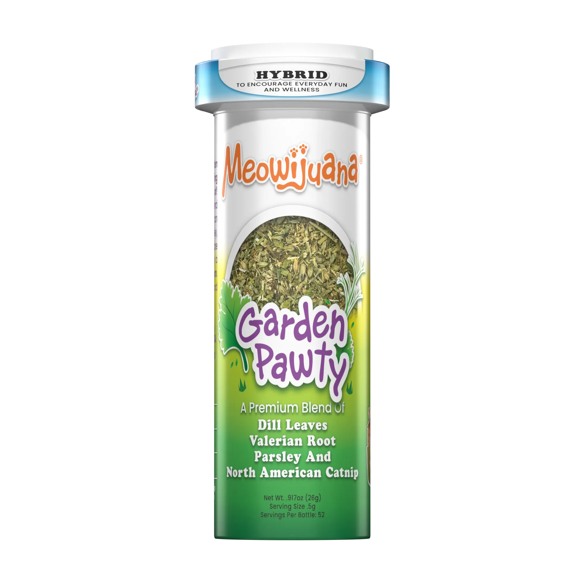 Meowijuana Catnip Garden Pawty organic catnip blend with valerian root, dill, and parsley