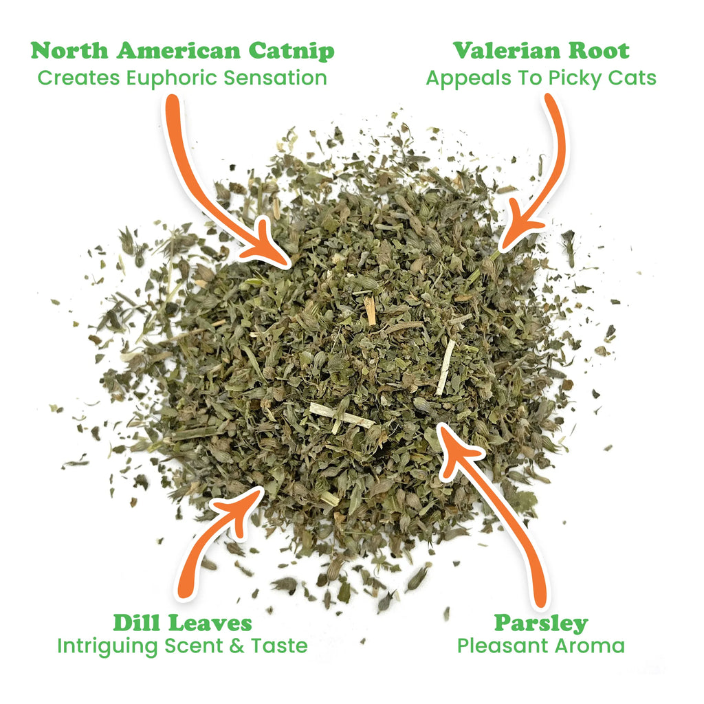Meowijuana Catnip Garden Pawty organic catnip blend with valerian root, dill, and parsley