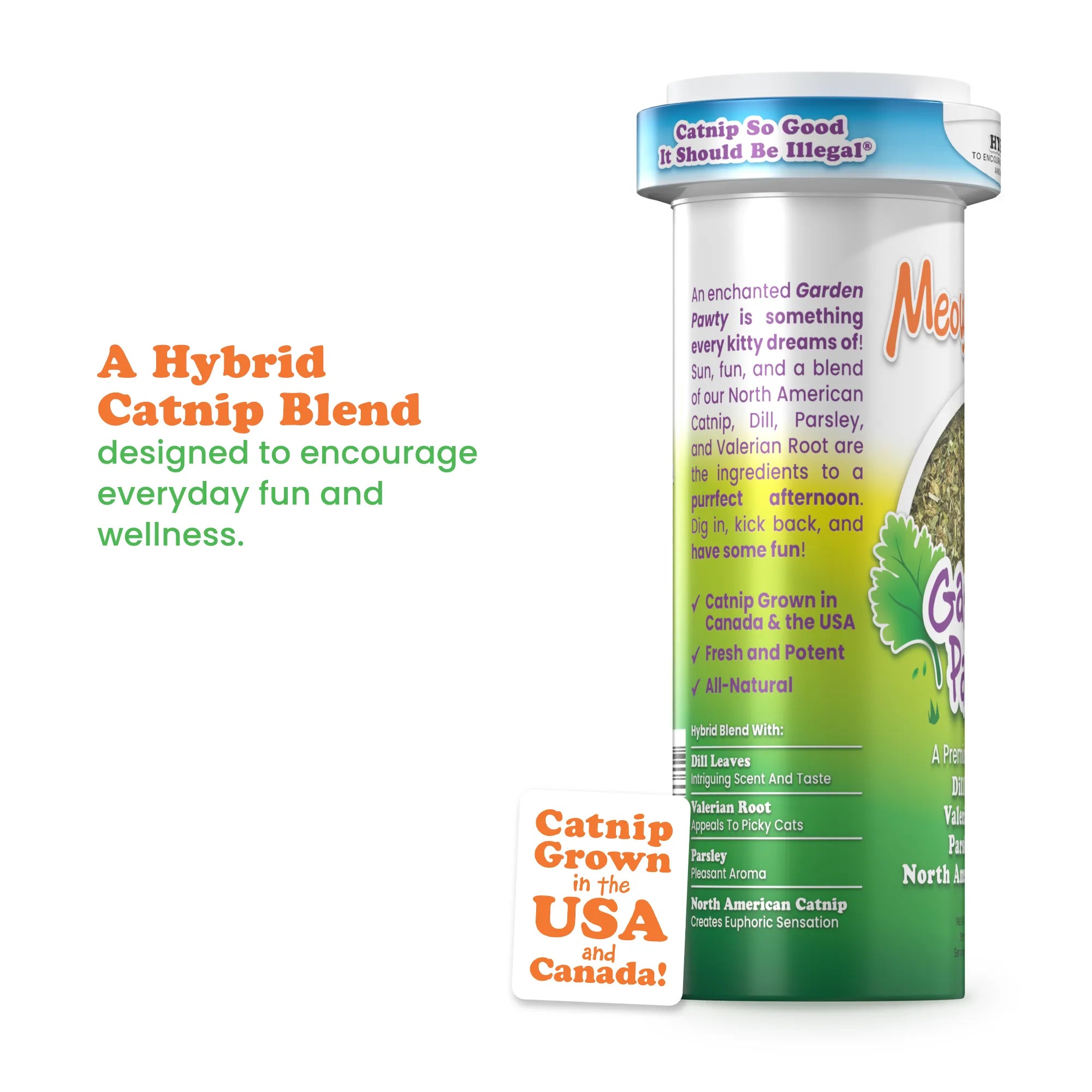 Meowijuana Catnip Garden Pawty organic catnip blend with valerian root, dill, and parsley