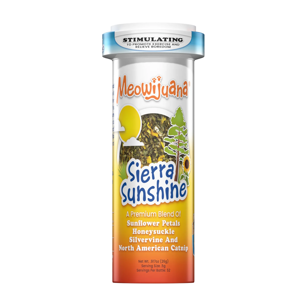 Meowijuana Catnip Sierra Sunshine blend with sunflower petals honeysuckle and silvervine