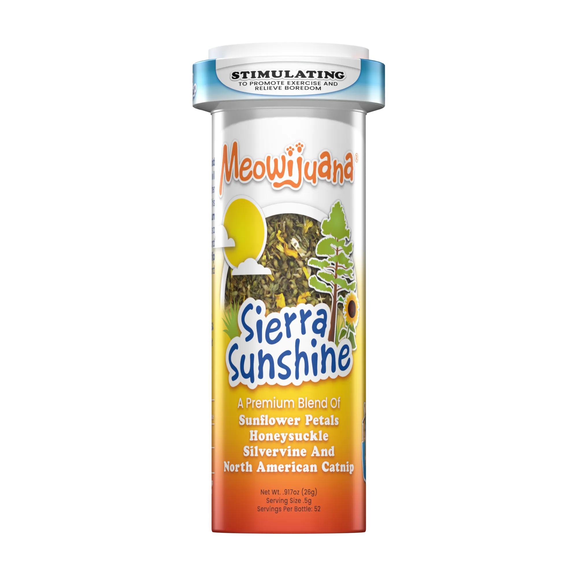 Meowijuana Catnip Sierra Sunshine blend with sunflower petals honeysuckle and silvervine