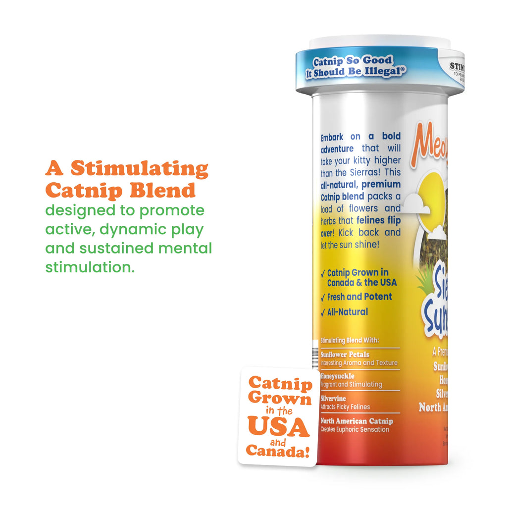 Meowijuana Catnip Sierra Sunshine blend with sunflower petals honeysuckle and silvervine