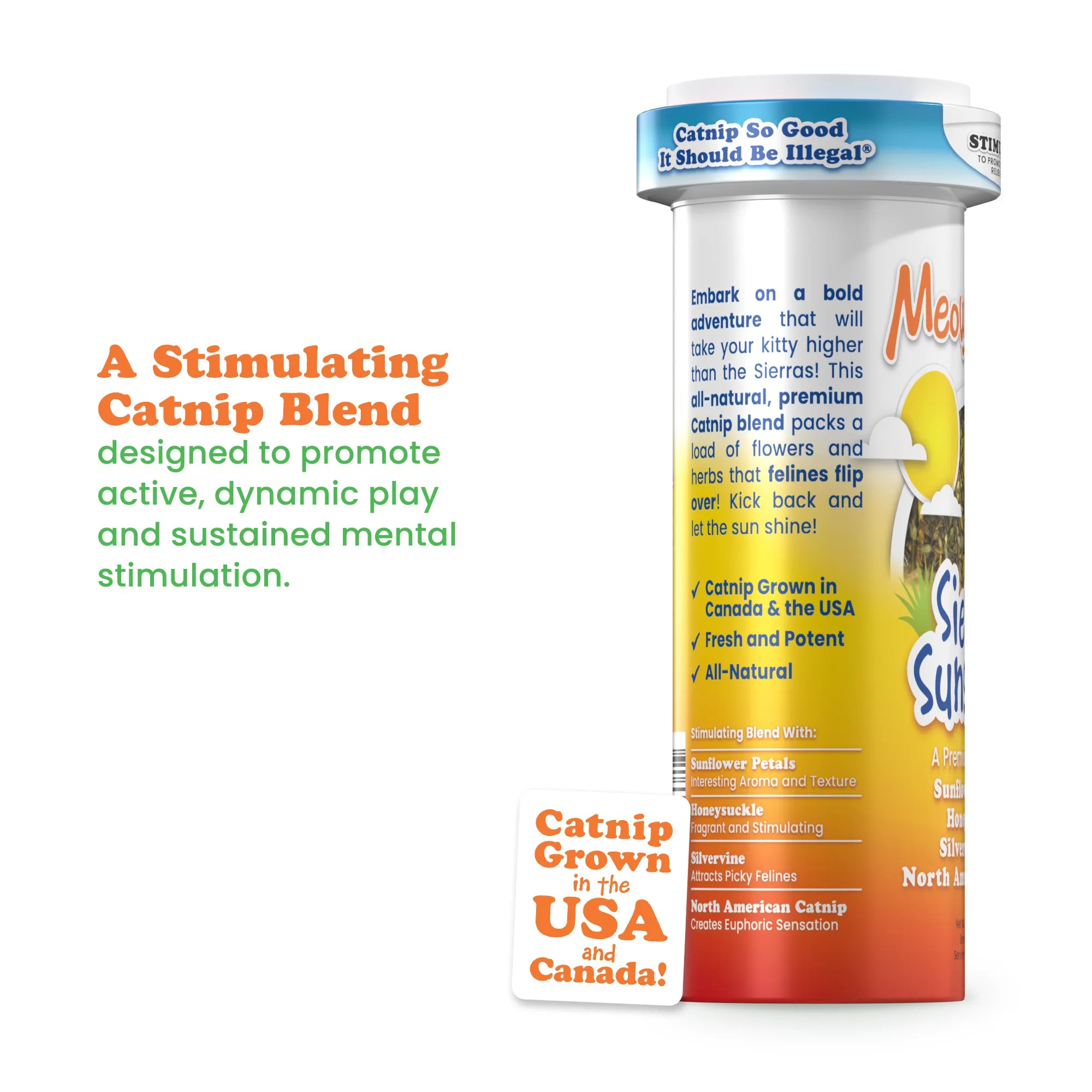 Meowijuana Catnip Sierra Sunshine blend with sunflower petals honeysuckle and silvervine