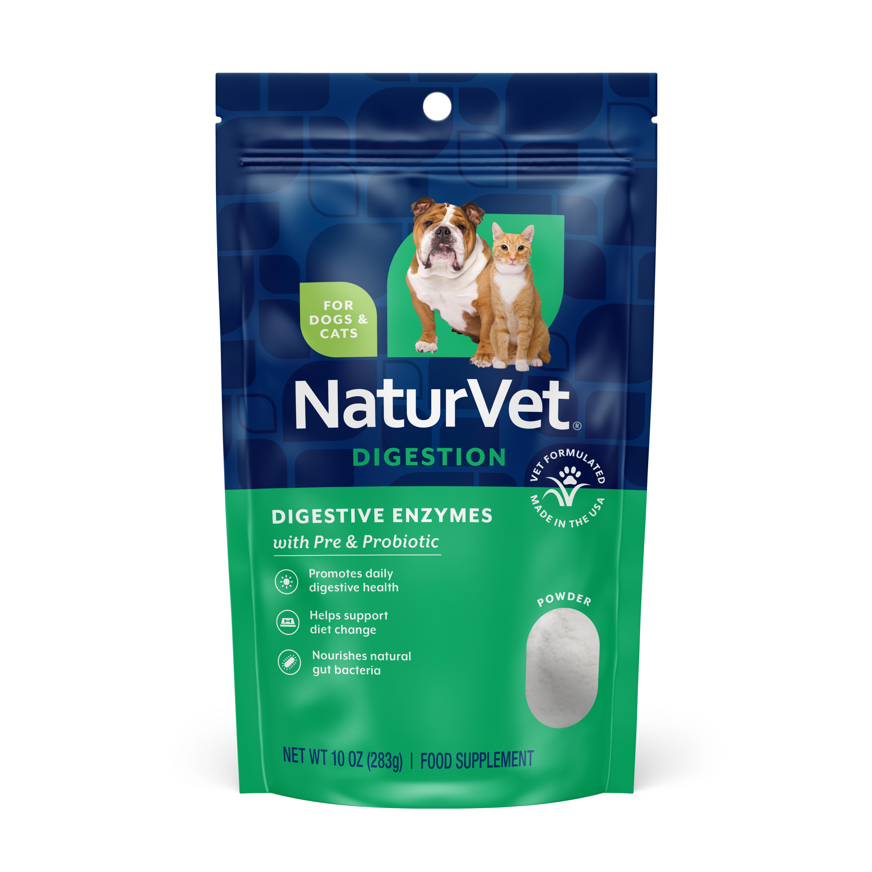 NaturVet Digestive Enzymes Pre and Probiotic powder for dogs and cats 10 oz