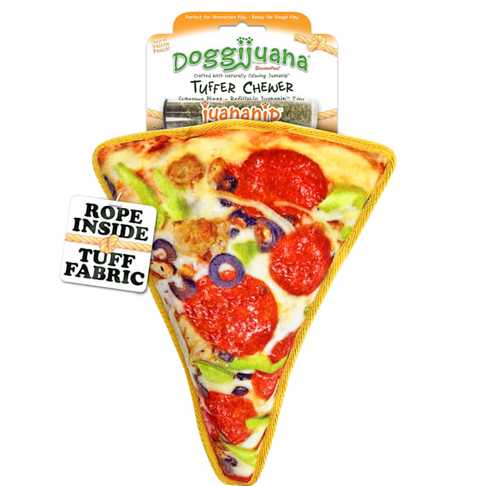 Doggijuana Tuffer Chewer pizza-shaped refillable dog toy with Juananip