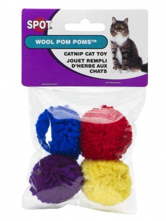 Spot multicoloured wool catnip pom pom cat toys 4-pack