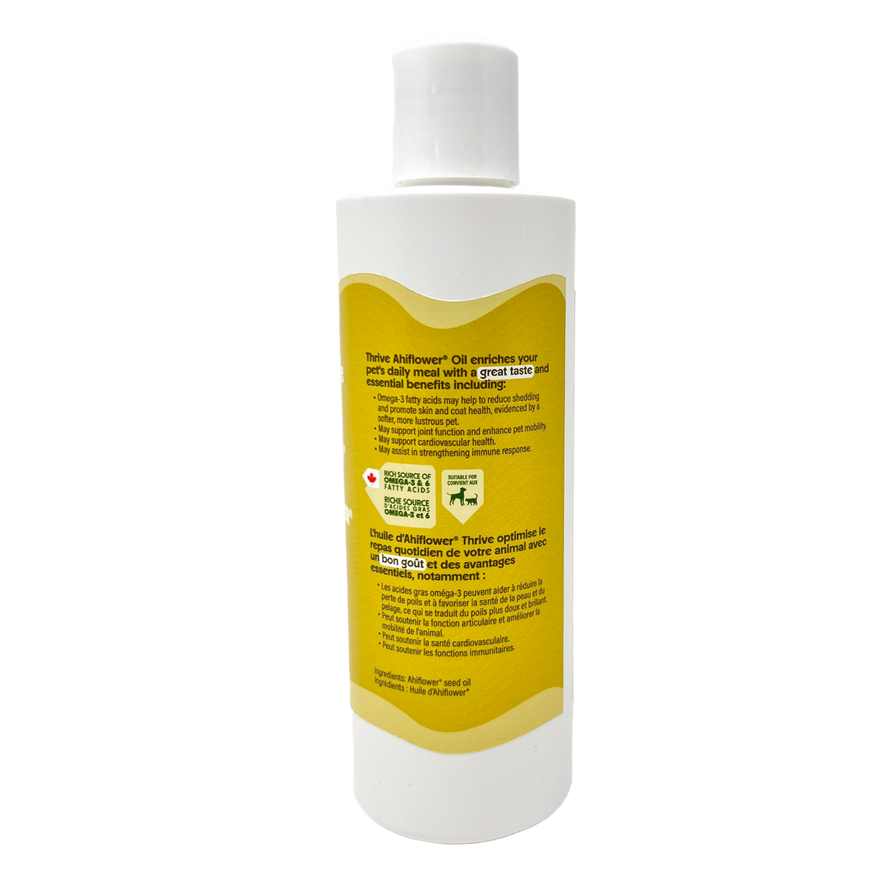 Thrive Ahiflower Oil omega supplement for pets 250 mL bottle