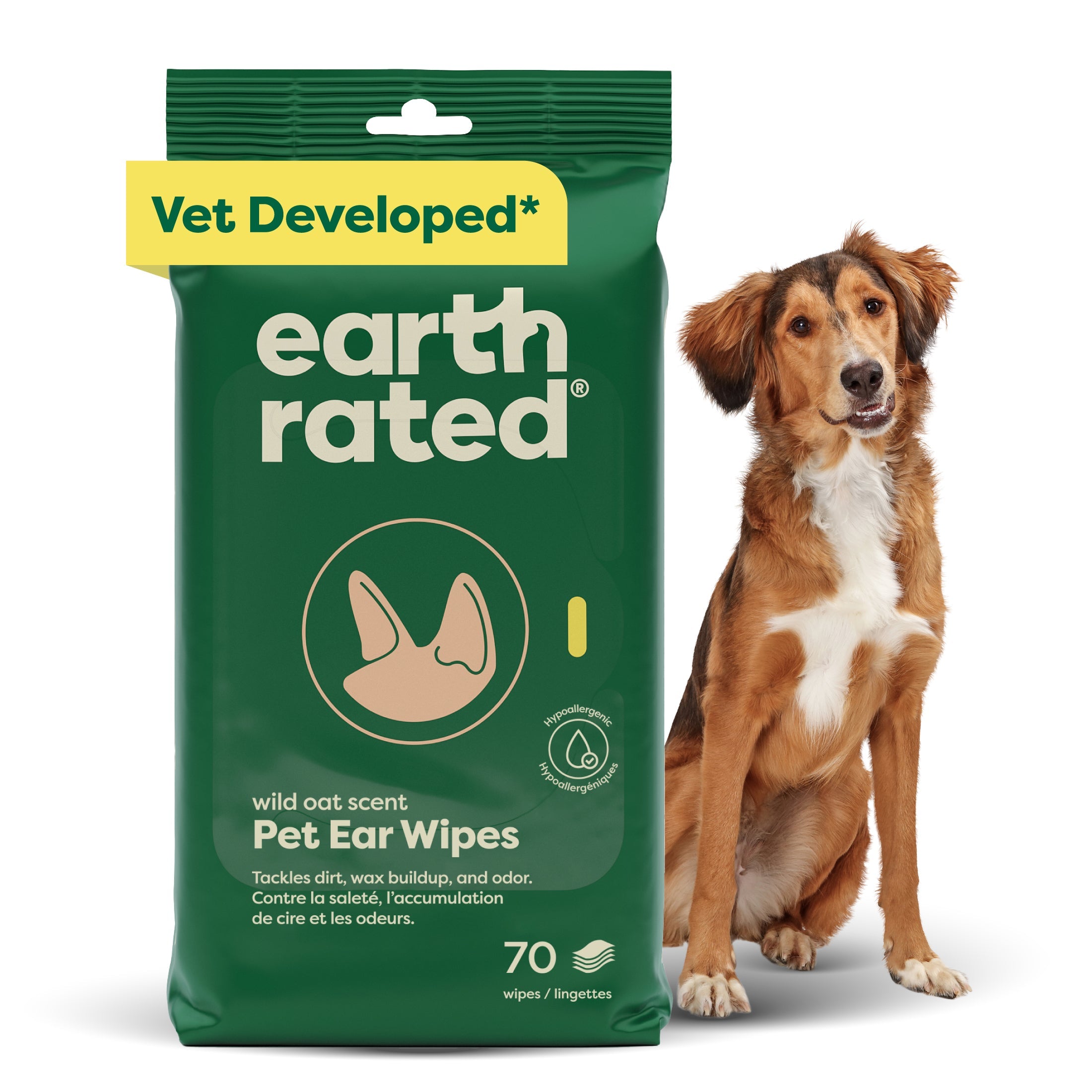 Earth Rated dog ear wipes 5x5 inch 60-pack aloe vera Wild Oat scent