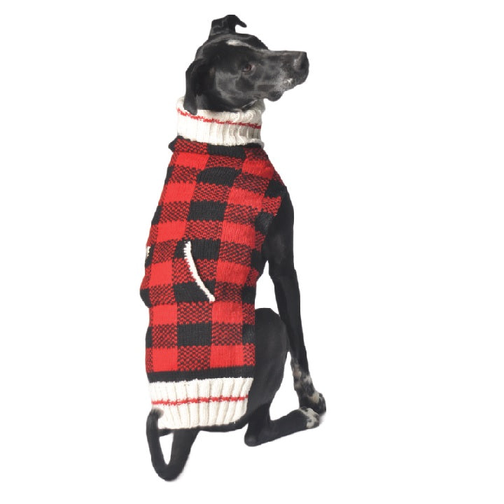 Chilly Dog Classic Buffalo Plaid red and black hand-knit wool dog sweater, XXX-Large