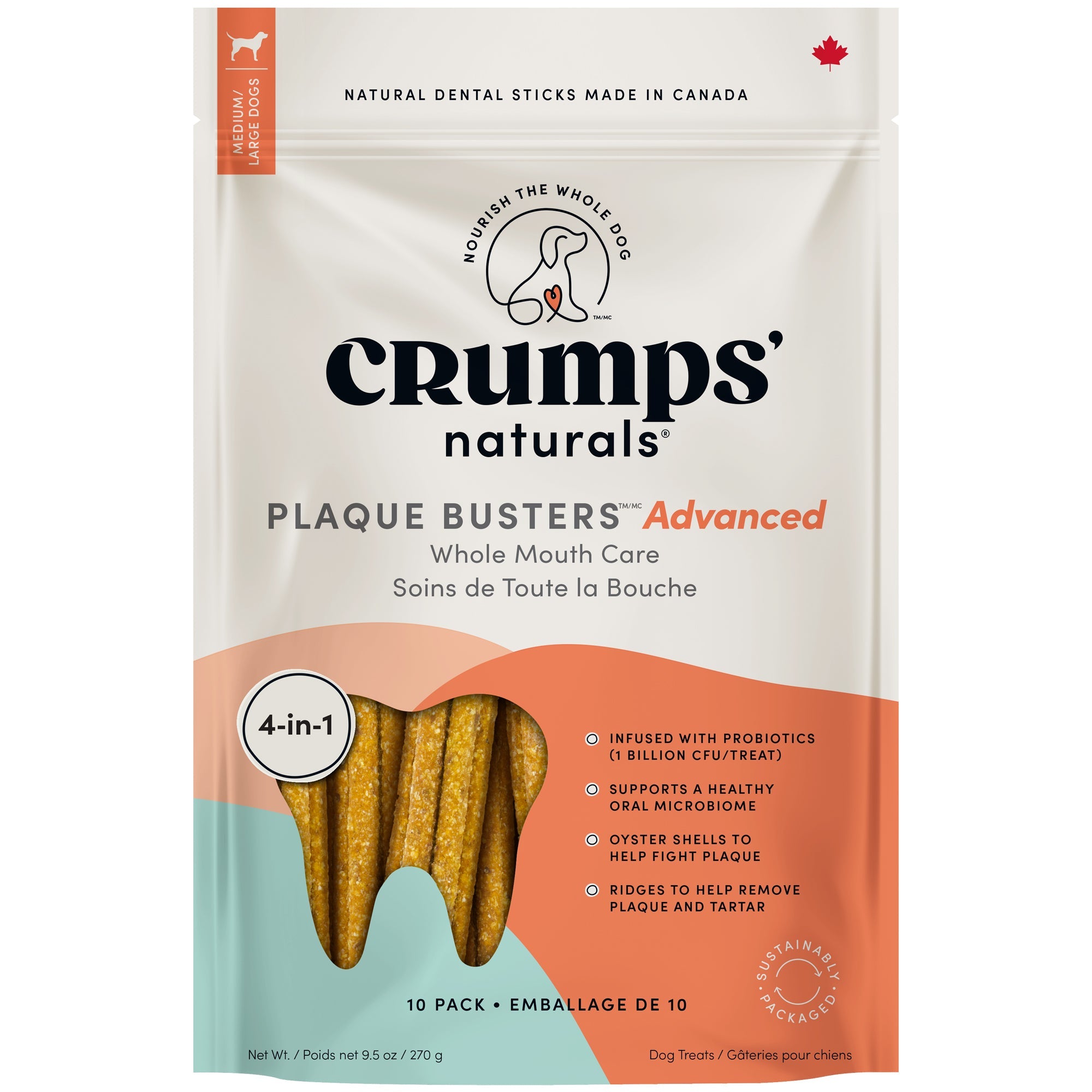Crumps' Naturals Plaque Busters Advanced Probiotic dental sticks for dogs 270g 10-pack