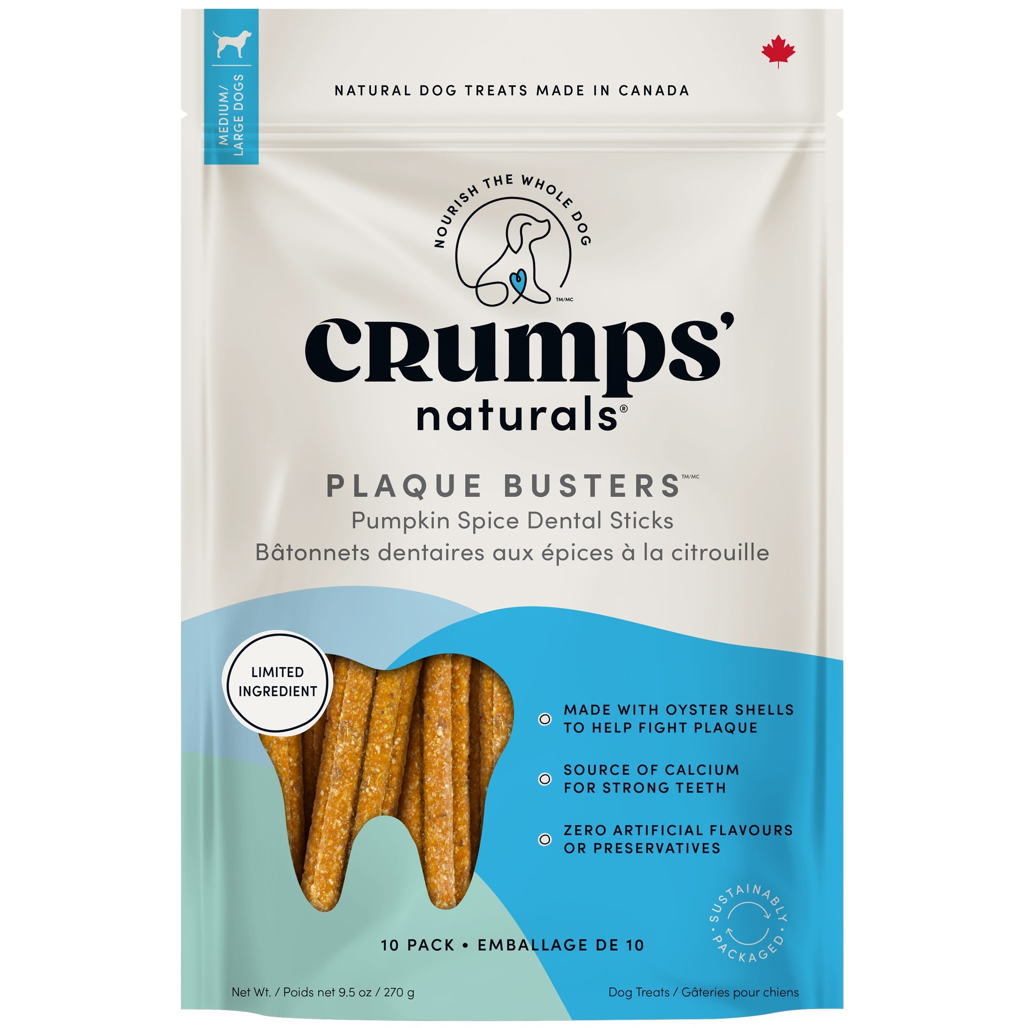 Crumps' Naturals Plaque Busters 7 inch pumpkin dental sticks for dogs 10-pack