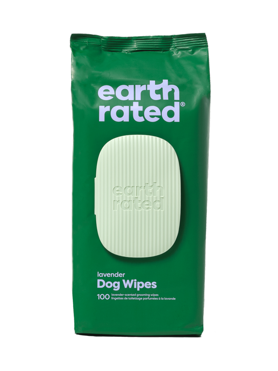 Earth Rated compostable dog grooming wipes lavender scent 8x8 inch 100-pack