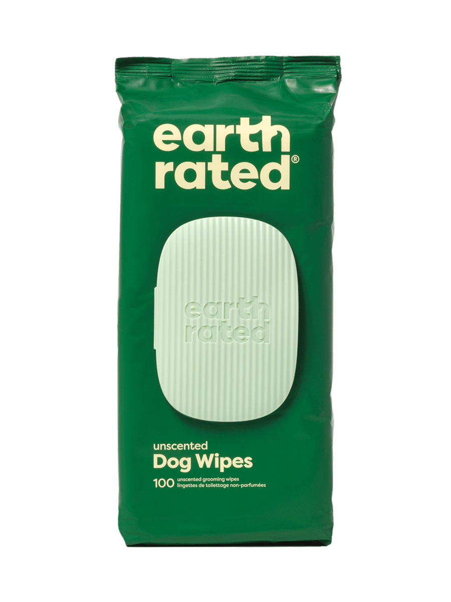 Earth Rated compostable dog grooming wipes unscented fragrance-free 8x8 inch 100-pack