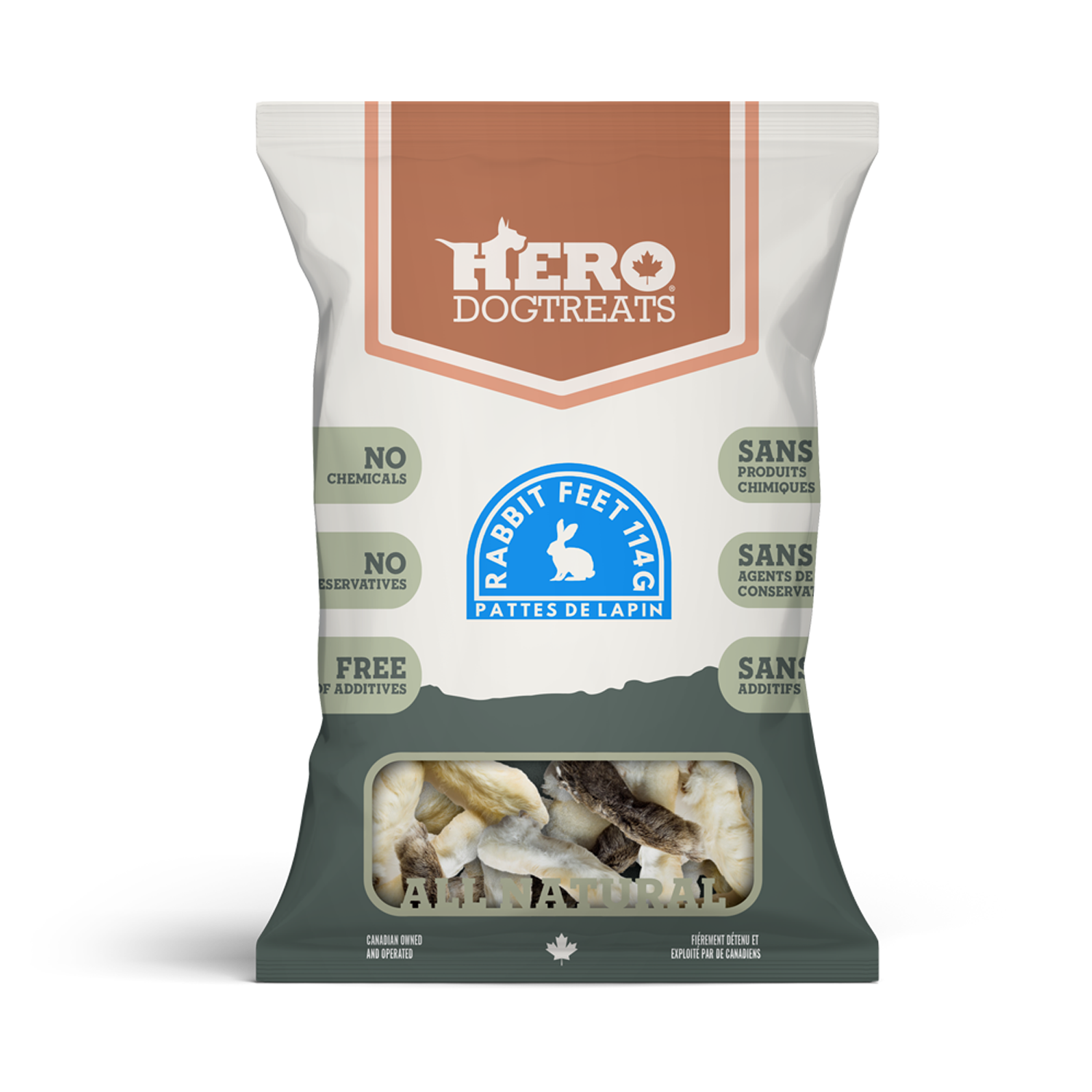 Hero Dog Treats Rabbit Feet single-ingredient dehydrated chews 114 g bag