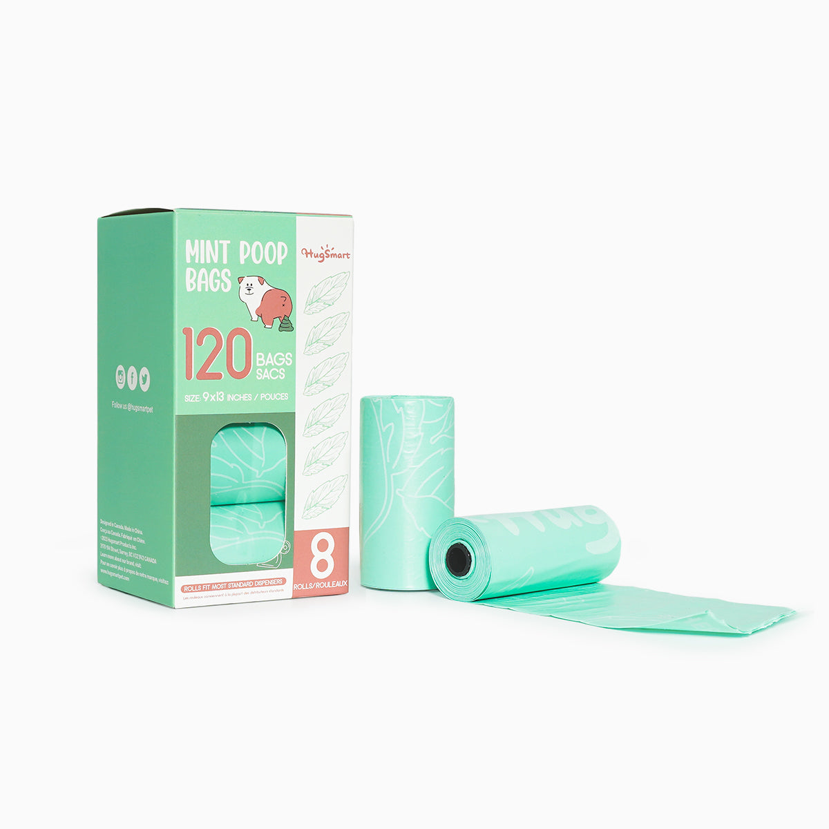HugSmart mint-scented dog poop bags 8 rolls 120 bags