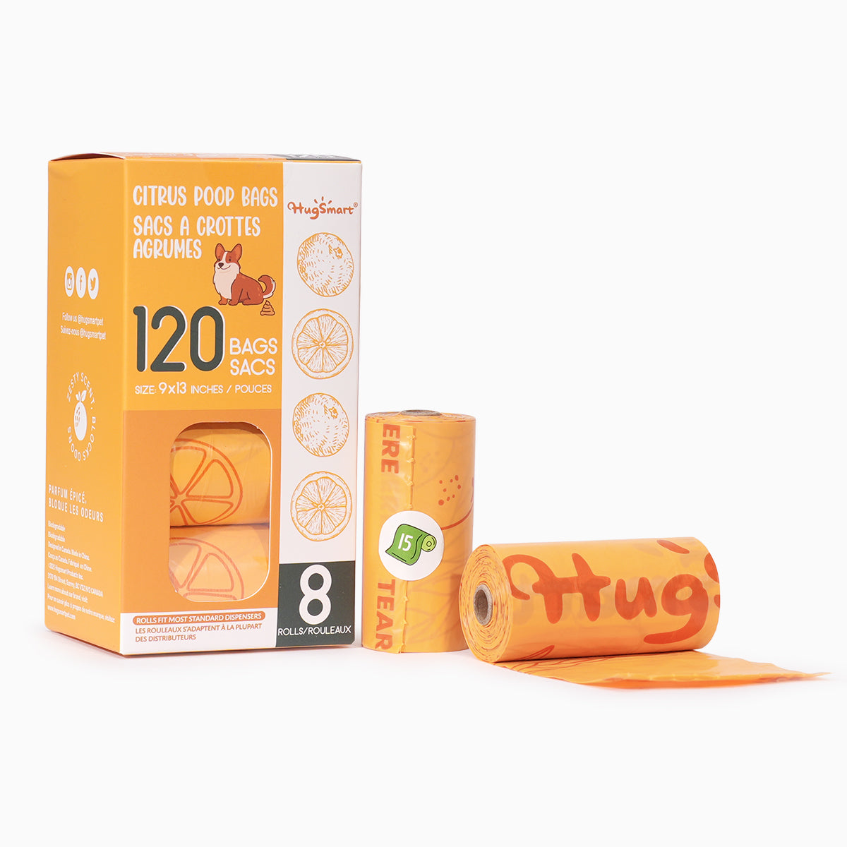HugSmart citrus-scented dog poop bags 8 rolls 120 bags