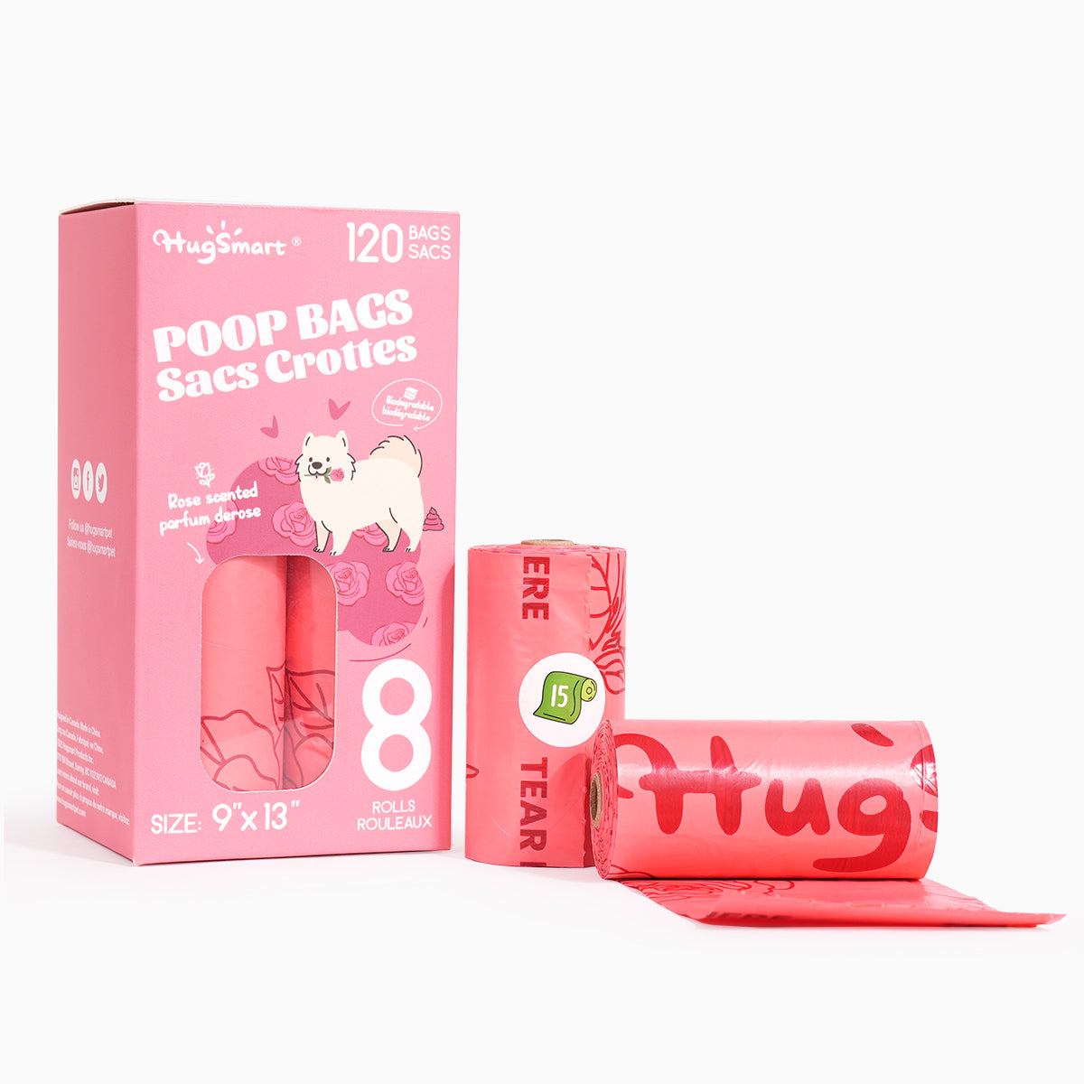 HugSmart rose-scented dog poop bags 8 rolls 120 bags