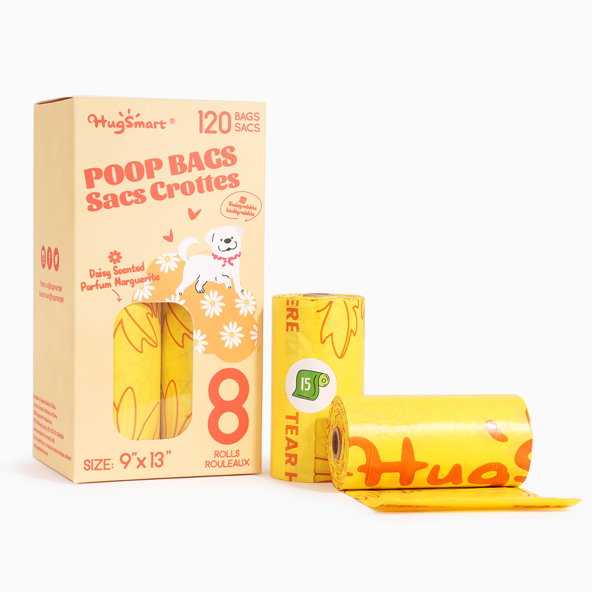 HugSmart daisy-scented dog poop bags 8 rolls 120 bags