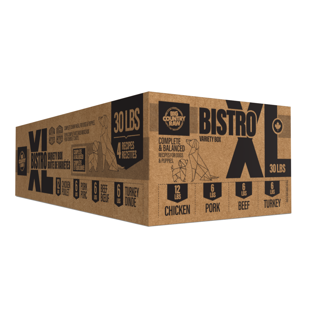 Big Country Raw XL Bistro 30 lb raw frozen dog food four protein variety vacuum sealed pouches