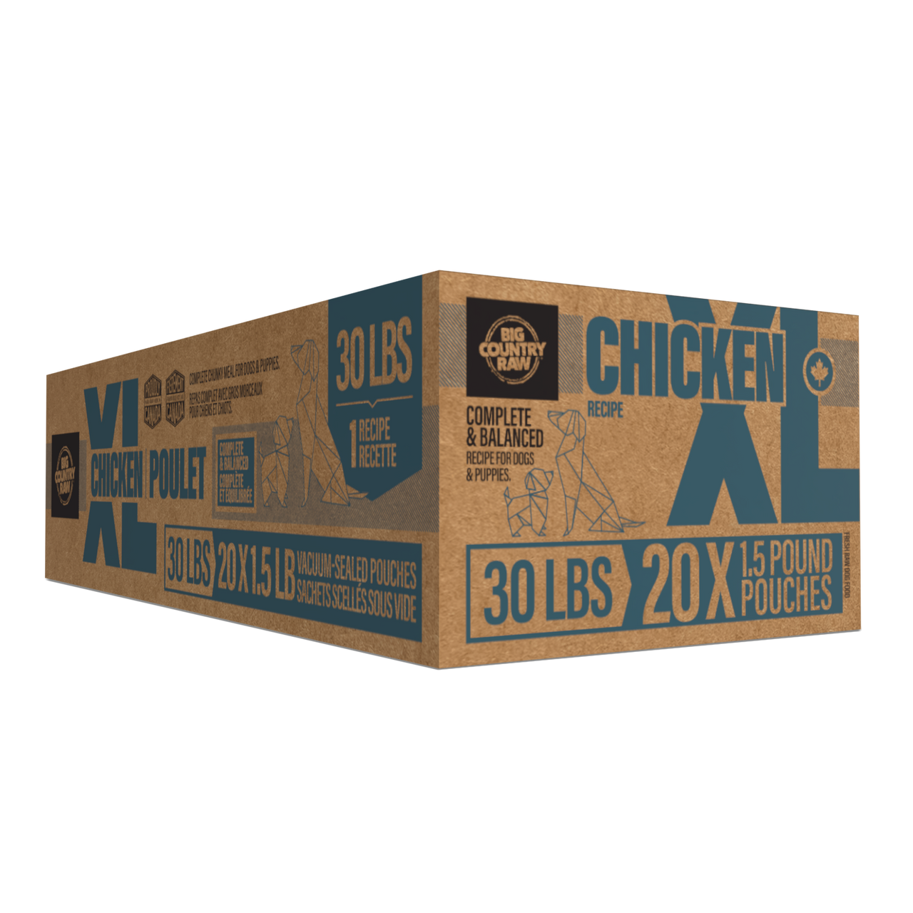 Big Country Raw XL Chicken 30 lb raw frozen dog food vacuum sealed pouches