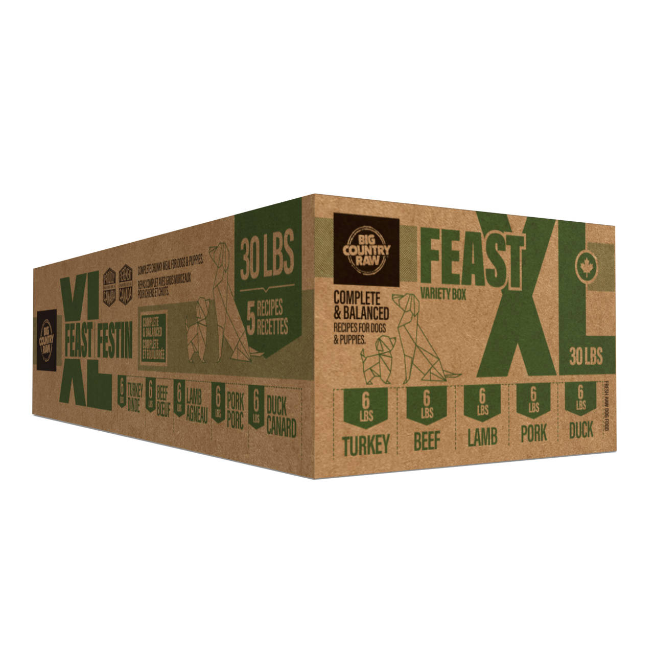 Big Country Raw XL Feast 30 lb raw frozen dog food five protein variety vacuum sealed pouches