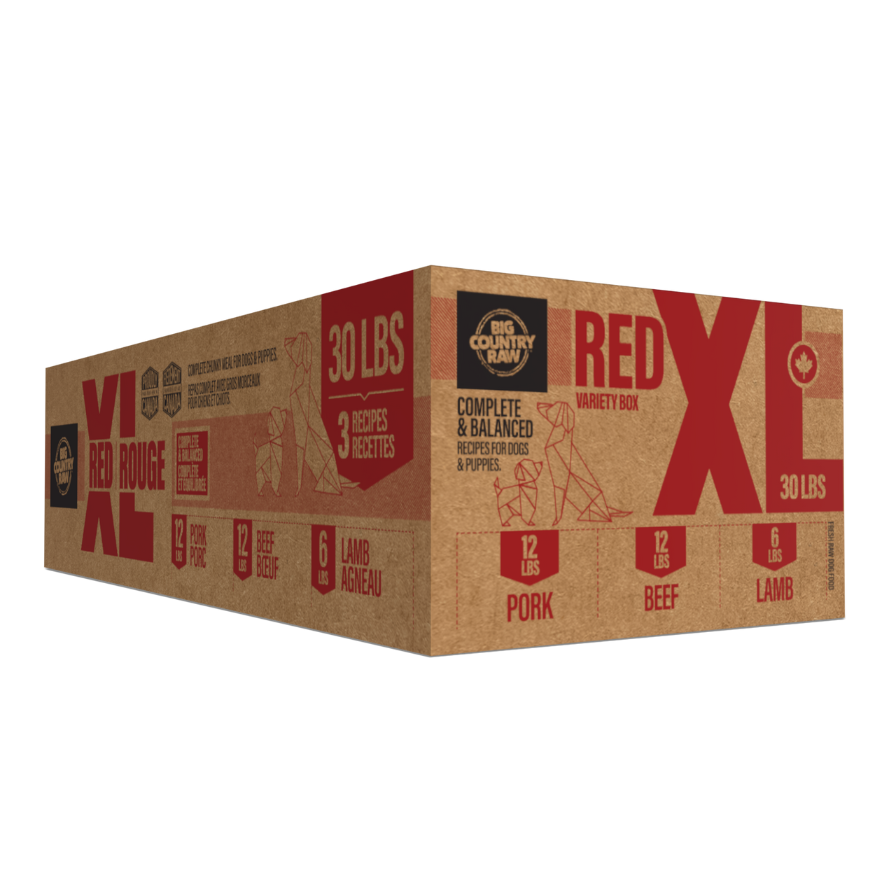 Big Country Raw XL Red 30 lb raw frozen dog food beef pork lamb vacuum sealed pouches