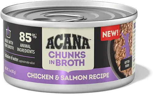 ACANA Premium Chunks Chicken and Salmon Entrée wet food for kittens, 155g can