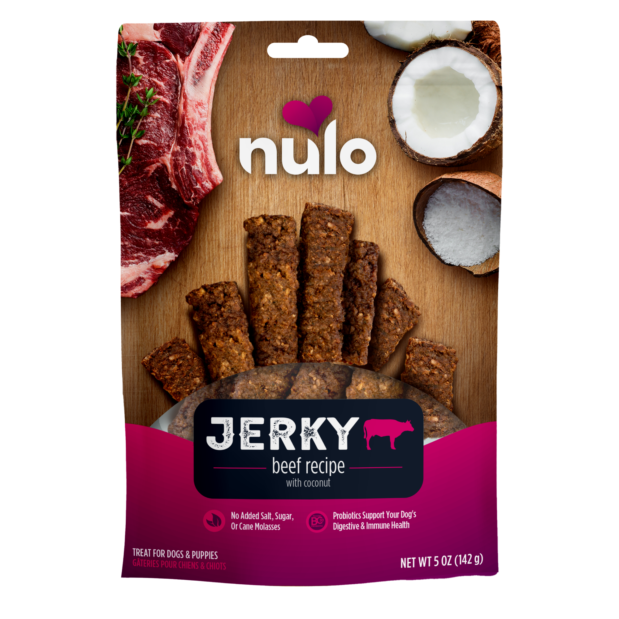 Nulo FreeStyle beef jerky strips with coconut dog treats 5 oz bag