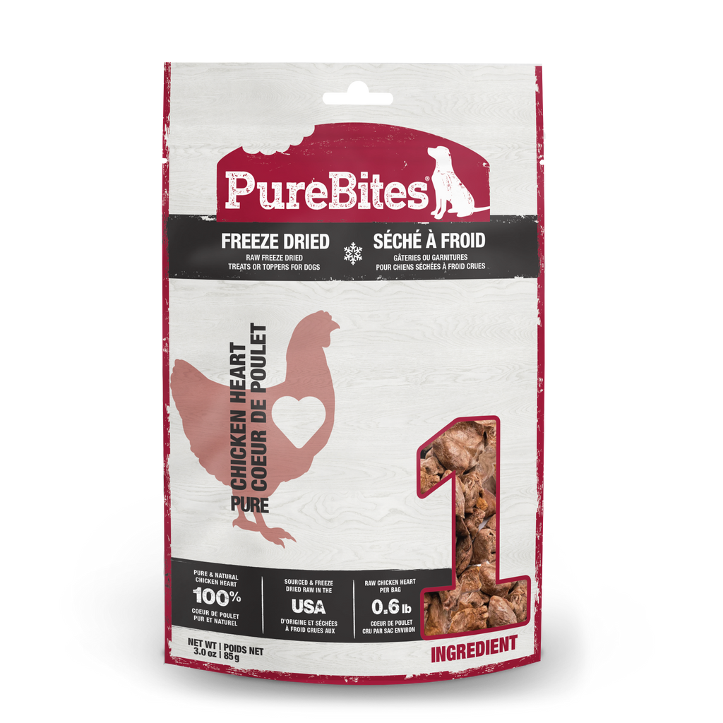PureBites freeze-dried chicken heart dog treats 85g bag