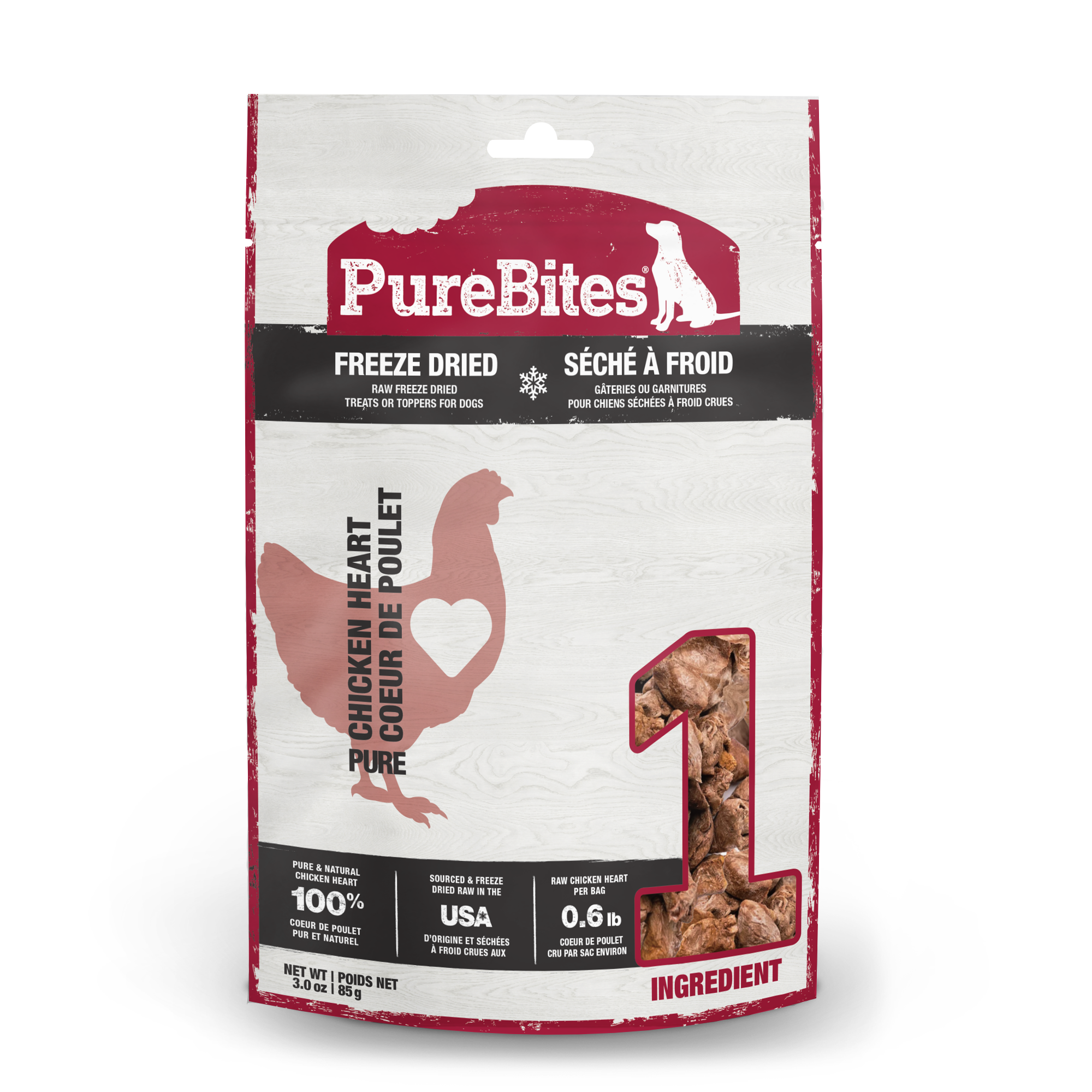 PureBites freeze-dried chicken heart dog treats 85g bag