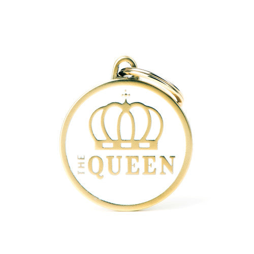 MyFamily Charms Satin Gold The Queen large white and gold ID tag for pets