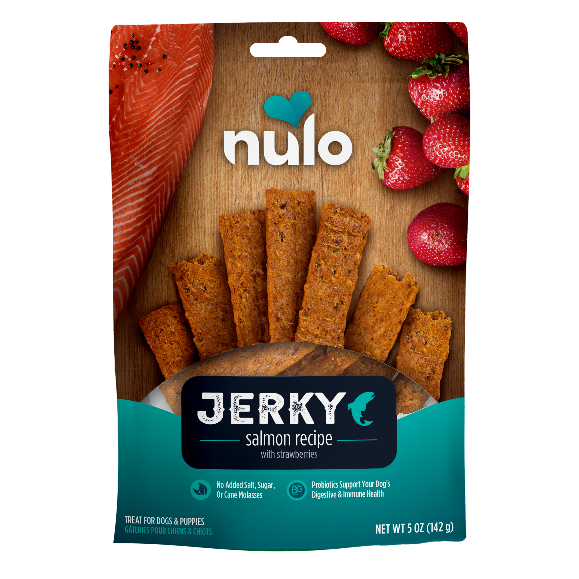 Nulo FreeStyle salmon jerky strips with strawberry dog treats 5 oz bag