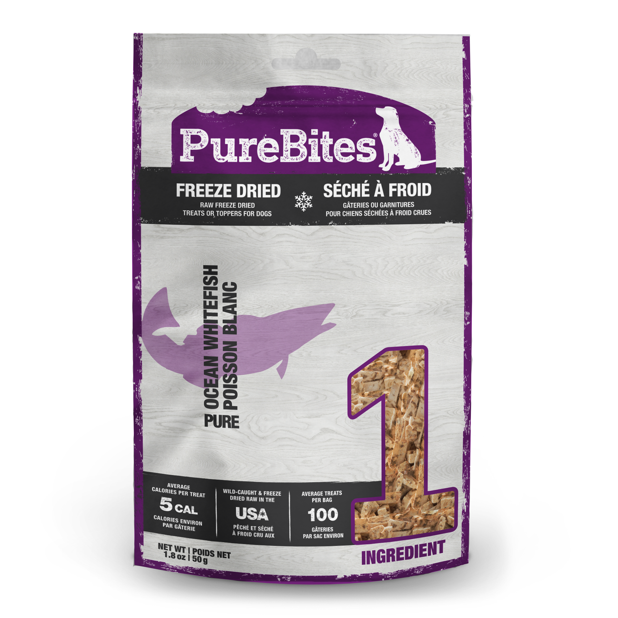 PureBites freeze-dried ocean whitefish dog treats 50g bag