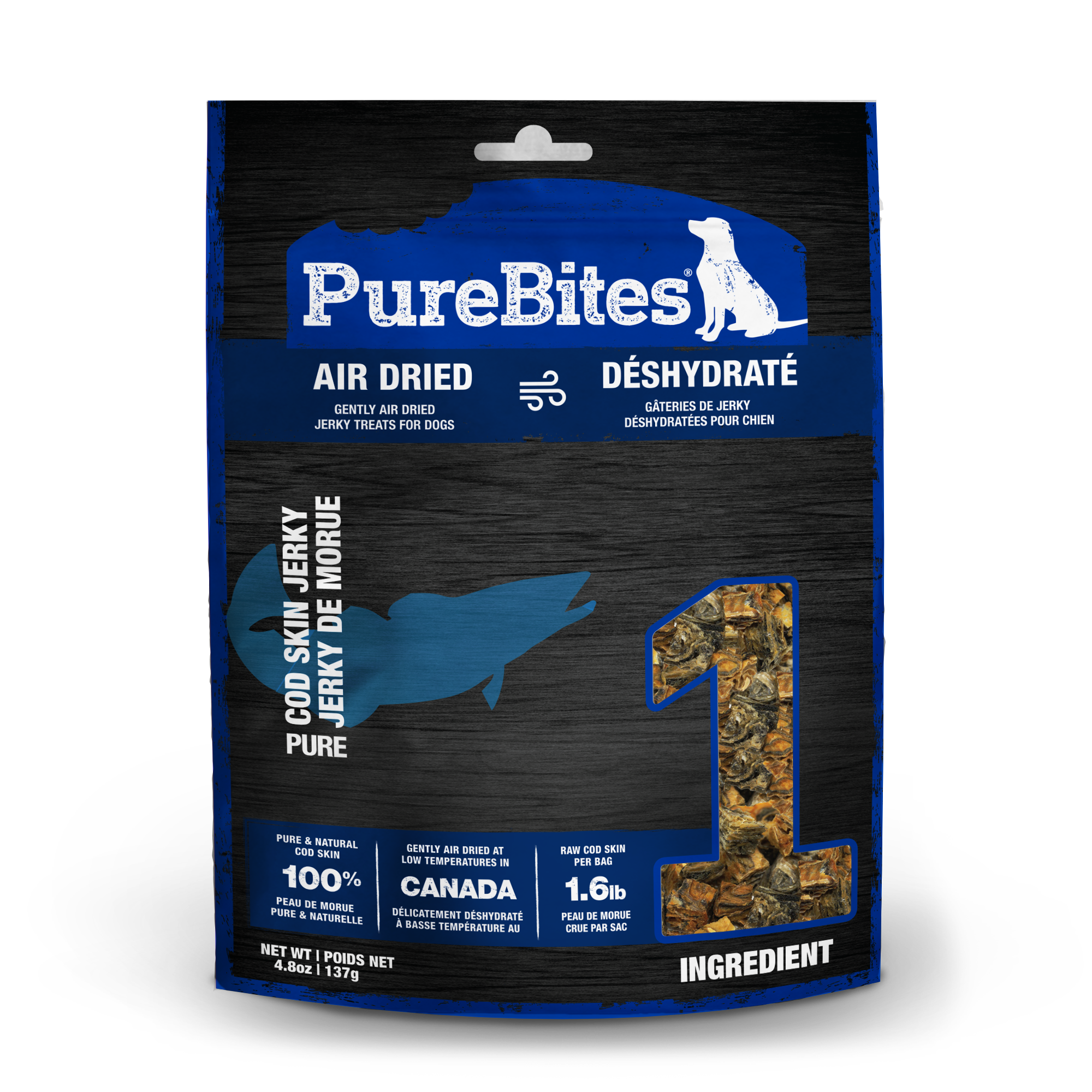 PureBites Cod Skin Jerky air dried dog treats 137g bag