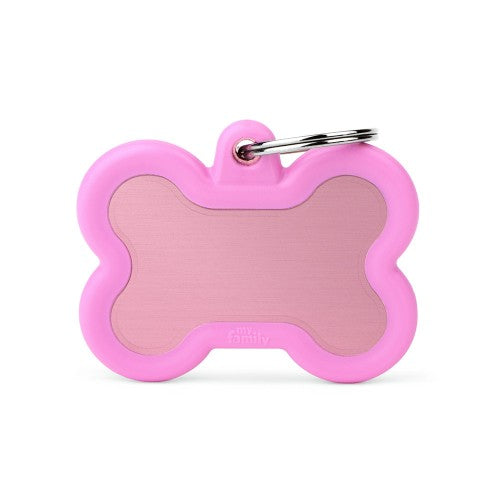 MyFamily Hushtag pink bone-shaped aluminum and rubber silent pet ID tag